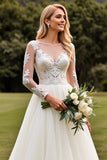 Ivory A Line Illusion Boat Neck Sweep Train Wedding Dress with Lace