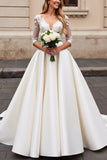 Ivory A Line Satin V Neck Sweep Train Wedding Dress with Lace