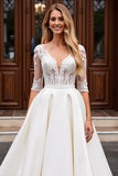Ivory A Line Satin V Neck Sweep Train Wedding Dress with Lace