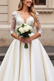 Ivory A Line Satin V Neck Sweep Train Wedding Dress with Lace
