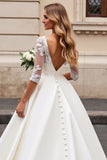 Ivory A Line Satin V Neck Sweep Train Wedding Dress with Lace