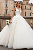 Ivory Organza Sweep Train V Neck A Line Wedding Dress