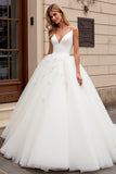 Ivory Organza Sweep Train V Neck A Line Wedding Dress