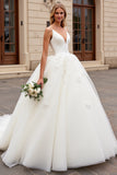 Ivory Organza Sweep Train V Neck A Line Wedding Dress