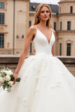 Ivory Organza Sweep Train V Neck A Line Wedding Dress