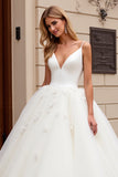 Ivory Organza Sweep Train V Neck A Line Wedding Dress