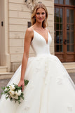 Ivory Organza Sweep Train V Neck A Line Wedding Dress