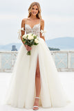Ivory Organza Sweep Train Spaghetti Straps A Line Wedding Dress with Bow