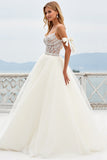 Ivory Organza Sweep Train Spaghetti Straps A Line Wedding Dress with Bow