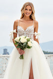 Ivory Organza Sweep Train Spaghetti Straps A Line Wedding Dress with Bow