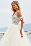 Ivory Organza Sweep Train Spaghetti Straps A Line Wedding Dress with Bow