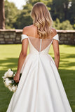 Ivory Satin Sweep Train Off the Shoulder Wedding Dress with Beading