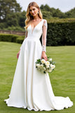 White Satin Sweep Train Illusion V Neck Wedding Dress with Lace