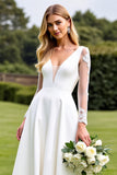 White Satin Sweep Train Illusion V Neck Wedding Dress with Lace