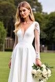 White Satin Sweep Train Illusion V Neck Wedding Dress with Lace