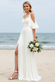 White Chiffon Sweep Train Cold Shoulder Ruched Boho Wedding Dress with Slit