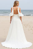 White Chiffon Sweep Train Cold Shoulder Ruched Boho Wedding Dress with Slit