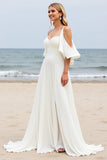 White Chiffon Sweep Train Cold Shoulder Ruched Boho Wedding Dress with Slit