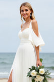 White Chiffon Sweep Train Cold Shoulder Ruched Boho Wedding Dress with Slit