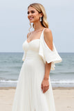 White Chiffon Sweep Train Cold Shoulder Ruched Boho Wedding Dress with Slit