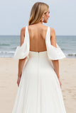 White Chiffon Sweep Train Cold Shoulder Ruched Boho Wedding Dress with Slit