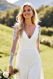 Ivory Satin Sweep Train V Neck Wedding Jumpsuits with Lace