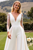 Ivory Satin Sweep Train V Neck Wedding Jumpsuits with Lace