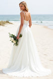 Ivory Organza Sweep Train Spaghetti Straps Boho Wedding Dress with Sequins