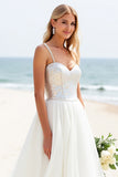 Ivory Organza Sweep Train Spaghetti Straps Boho Wedding Dress with Sequins