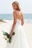 Ivory Organza Sweep Train Spaghetti Straps Boho Wedding Dress with Sequins