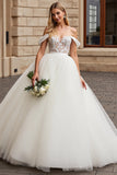 Ivory Organza Floor Length Off the Shoulder A Line Wedding Dress with Lace