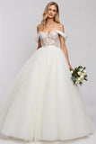 Ivory Organza Floor Length Off the Shoulder A Line Wedding Dress with Lace