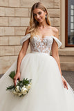 Ivory Organza Floor Length Off the Shoulder A Line Wedding Dress with Lace