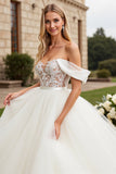 Ivory Organza Floor Length Off the Shoulder A Line Wedding Dress with Lace