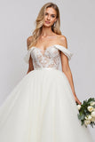 Ivory Organza Floor Length Off the Shoulder A Line Wedding Dress with Lace