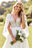 Ivory Chiffon V Neck Sweep Train Boho Wedding Dress with Cape