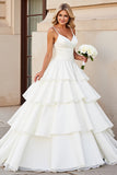 Ivory Satin Spaghetti Straps Sweep Train Tiered Ruffled A Line Wedding Dress