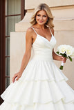 Ivory Satin Spaghetti Straps Sweep Train Tiered Ruffled A Line Wedding Dress