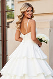 Ivory Satin Spaghetti Straps Sweep Train Tiered Ruffled A Line Wedding Dress