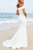White Satin One Shoulder Sweep Train Mermaid Wedding Dress with Appliques