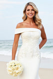 White Satin One Shoulder Sweep Train Mermaid Wedding Dress with Appliques
