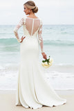 Ivory Satin Boat Neck Sweep Train Mermaid Wedding Dress with Lace