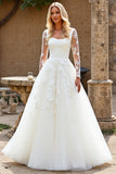 Ivory Organza Square Neck Sweep Train A Line Wedding Dress with Lace