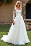 Ivory Organza Square Neck Sweep Train A Line Wedding Dress with Lace