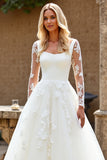 Ivory Organza Square Neck Sweep Train A Line Wedding Dress with Lace