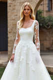 Ivory Organza Square Neck Sweep Train A Line Wedding Dress with Lace