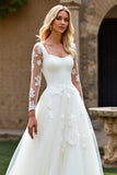 Ivory Organza Square Neck Sweep Train A Line Wedding Dress with Lace