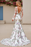 Ivory Flower Satin Square Neck Sweep Train Mermaid Wedding Dress with Lace