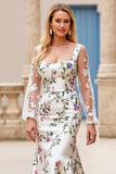 Ivory Flower Satin Square Neck Sweep Train Mermaid Wedding Dress with Lace