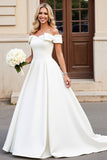 Simple Ivory Satin Off the Shoulder Sweep Train Wedding Dress with Bow